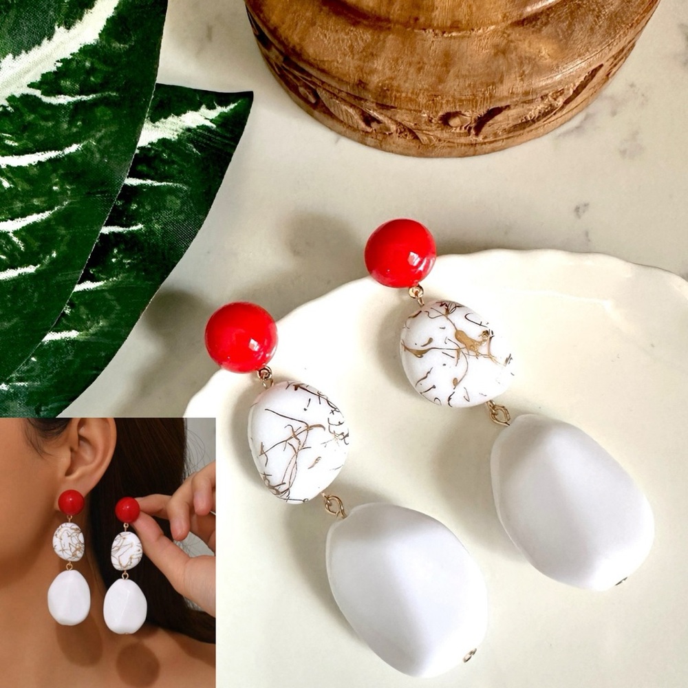 2/$30🌵 Red & White Stone Drop Gold Earrings Trio Gold Marbled Jewelry Gift NEW